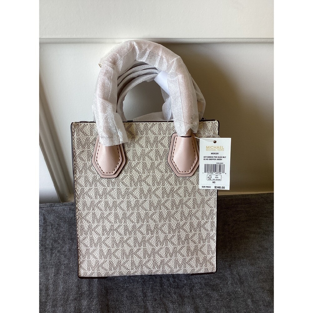 Michael Kors‎ Mercer Mini Tote Crossbody Bag Charm Logo Blush Multi XS - Picture 2 of 7
